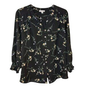 Marybelle Blouse Womens 2X Sheer Black Floral Abalone Button Career Top #D-17